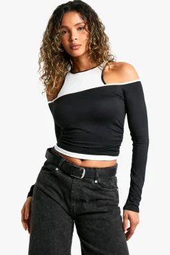 Long Sleeve Tops*boohoo 2 layer contrast binding long sleeve top black
