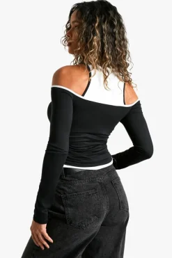 Long Sleeve Tops*boohoo 2 layer contrast binding long sleeve top black