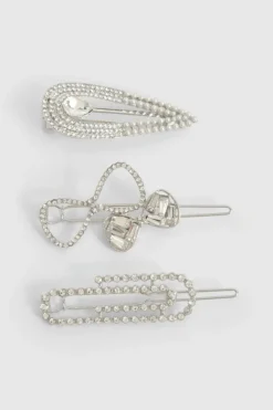 Hair Accessories*boohoo 3 Pack Diamante Hair Clips silver