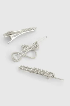 Hair Accessories*boohoo 3 Pack Diamante Hair Clips silver