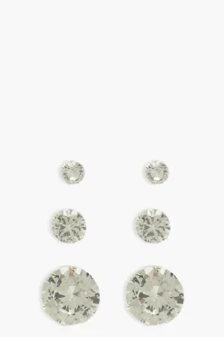 Earrings*boohoo 3 Pack Diamante Stud Earrings silver