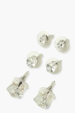 Earrings*boohoo 3 Pack Diamante Stud Earrings silver