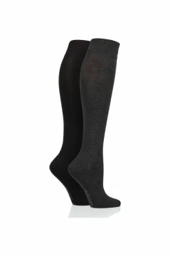 Tights & Socks|Tights & Socks*SOCKSHOP 2 Pair Plain and Patterned Bamboo Knee High Socks with Smooth Toe Seams Grey