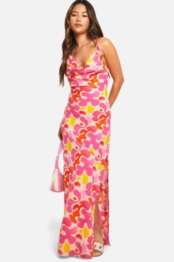 Smock Dresses*boohoo Abstract Cotton Cowl Neck Maxi Dress pink