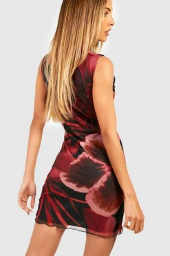 Bodycon Dresses*boohoo Abstract Floral Mesh Draped High Neck Dress black