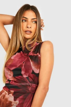Bodycon Dresses*boohoo Abstract Floral Mesh Draped High Neck Dress black