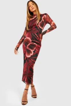 Bodycon Dresses*boohoo Abstract Floral Mesh High Neck Midaxi Dress black