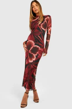 Bodycon Dresses*boohoo Abstract Floral Mesh High Neck Midaxi Dress black