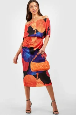Midi Dresses*boohoo Abstract Floral Off The Shoulder Plisse Midi Dress blue