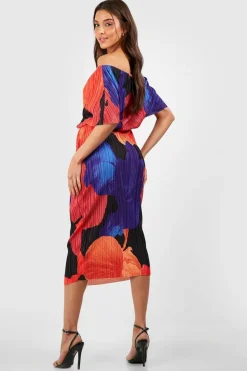 Midi Dresses*boohoo Abstract Floral Off The Shoulder Plisse Midi Dress blue