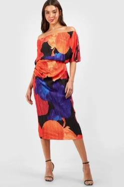 Midi Dresses*boohoo Abstract Floral Off The Shoulder Plisse Midi Dress blue