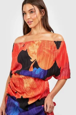 Midi Dresses*boohoo Abstract Floral Off The Shoulder Plisse Midi Dress blue
