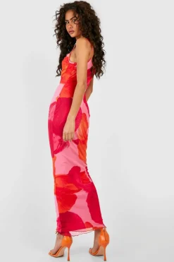 Bodycon Dresses|Maxi Dresses*boohoo Abstract Floral Print Mesh Maxi Slip Dress orange
