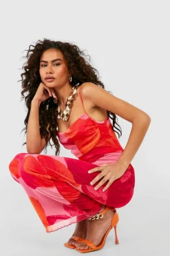 Bodycon Dresses|Maxi Dresses*boohoo Abstract Floral Print Mesh Maxi Slip Dress orange