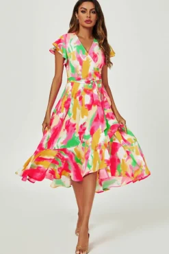 Wrap Dresses|Midi Dresses*FS Collection Abstract Floral Print Midi Wrap Dress In Pink