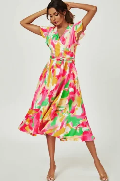Wrap Dresses|Midi Dresses*FS Collection Abstract Floral Print Midi Wrap Dress In Pink