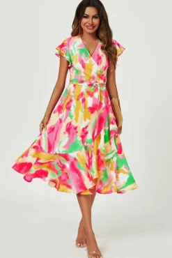 Wrap Dresses|Midi Dresses*FS Collection Abstract Floral Print Midi Wrap Dress In Pink
