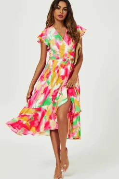 Wrap Dresses|Midi Dresses*FS Collection Abstract Floral Print Midi Wrap Dress In Pink