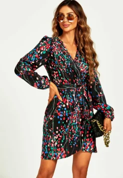 Wrap Dresses*FS Collection Abstract Floral Print Wrap Mini Dress In Black