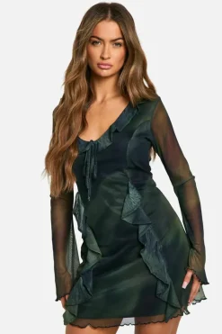 Mini Dresses|Long Sleeve Dresses*boohoo Abstract Mesh Flare Sleeve Mini Dress green