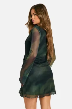 Mini Dresses|Long Sleeve Dresses*boohoo Abstract Mesh Flare Sleeve Mini Dress green