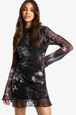 Skater Dresses|Mini Dresses*boohoo Abstract Mesh High Neck Flare Sleeve Mini Dress black