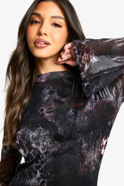 Skater Dresses|Mini Dresses*boohoo Abstract Mesh High Neck Flare Sleeve Mini Dress black