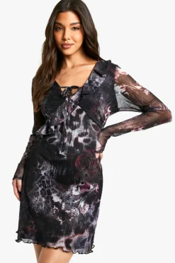 Skater Dresses*boohoo Abstract Mesh Slare Sleeve Mini Dress black