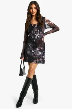 Skater Dresses*boohoo Abstract Mesh Slare Sleeve Mini Dress black