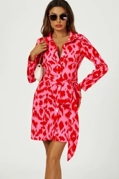 Shirt Dresses|Wrap Dresses*FS Collection Abstract Print Shirt Mini Wrap Dress In Pink