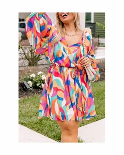 Wrap Dresses*Azura Exchange Abstract Print Wrap Mini Dress with Oversized Sleeves and Belted Waist Multi