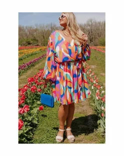 Wrap Dresses*Azura Exchange Abstract Print Wrap Mini Dress with Oversized Sleeves and Belted Waist Multi