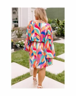 Wrap Dresses*Azura Exchange Abstract Print Wrap Mini Dress with Oversized Sleeves and Belted Waist Multi