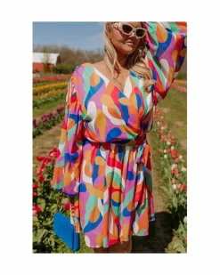 Wrap Dresses*Azura Exchange Abstract Print Wrap Mini Dress with Oversized Sleeves and Belted Waist Multi