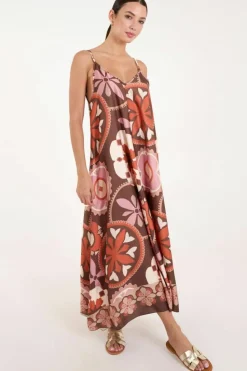 Cami Dresses*Blue Vanilla Abstract Printed Cami V Neck Maxi Dress Chocolate