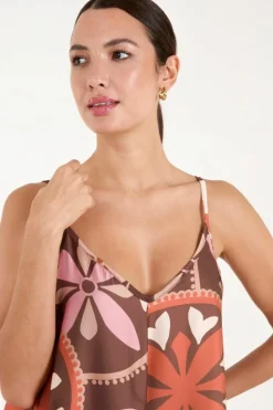 Cami Dresses*Blue Vanilla Abstract Printed Cami V Neck Maxi Dress Chocolate