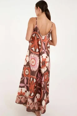 Cami Dresses*Blue Vanilla Abstract Printed Cami V Neck Maxi Dress Chocolate