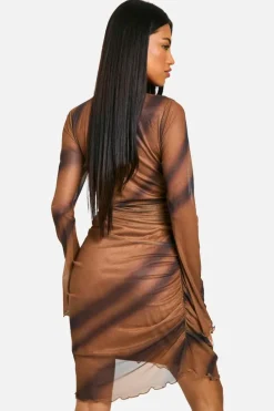 Bodycon Dresses*boohoo abstract printed ruched mesh mini dress chocolate