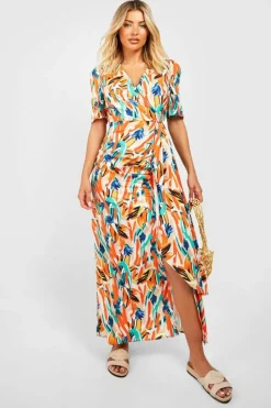 Wrap Dresses*boohoo Abstract Puff Sleeve Wrap Dress orange