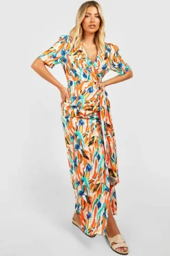 Wrap Dresses*boohoo Abstract Puff Sleeve Wrap Dress orange