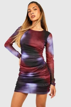 Bodycon Dresses|Long Sleeve Dresses*boohoo Abstract Rouched Long Sleeve Mini Dress purple