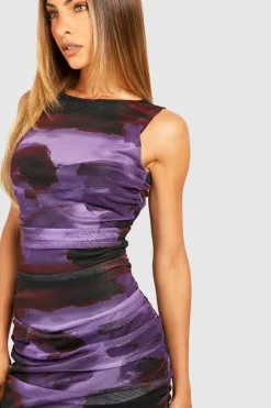 Midi Dresses*boohoo Abstract Rouched Mesh Midi Dress purple