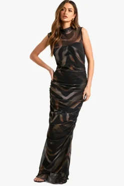 Maxi Dresses*boohoo Abstract Ruched Mesh Maxi Dress black