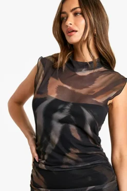 Maxi Dresses*boohoo Abstract Ruched Mesh Maxi Dress black