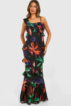 Maxi Dresses*boohoo Abstract Ruffle Chiffon Asymmetric Maxi Dress multi