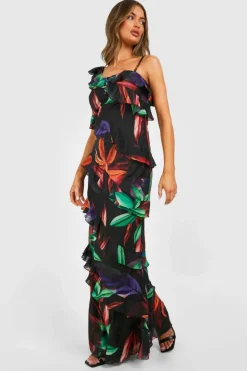 Maxi Dresses*boohoo Abstract Ruffle Chiffon Asymmetric Maxi Dress multi