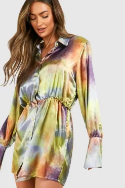 Shirt Dresses*boohoo Abstract Satin Shoulder Pad Mini Shirt Dress multi