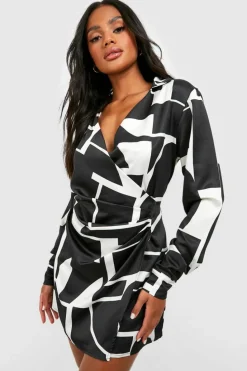 Shirt Dresses|Wrap Dresses*boohoo Abstract Satin Wrap Shirt Dress black