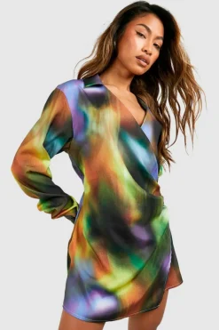 Shirt Dresses|Wrap Dresses*boohoo Abstract Satin Wrap Shirt Dress multi