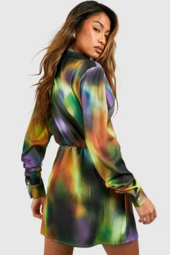 Shirt Dresses|Wrap Dresses*boohoo Abstract Satin Wrap Shirt Dress multi
